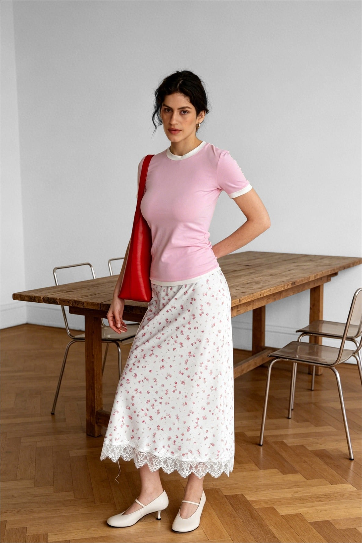 Floral Lace-Hem Maxi Skirt