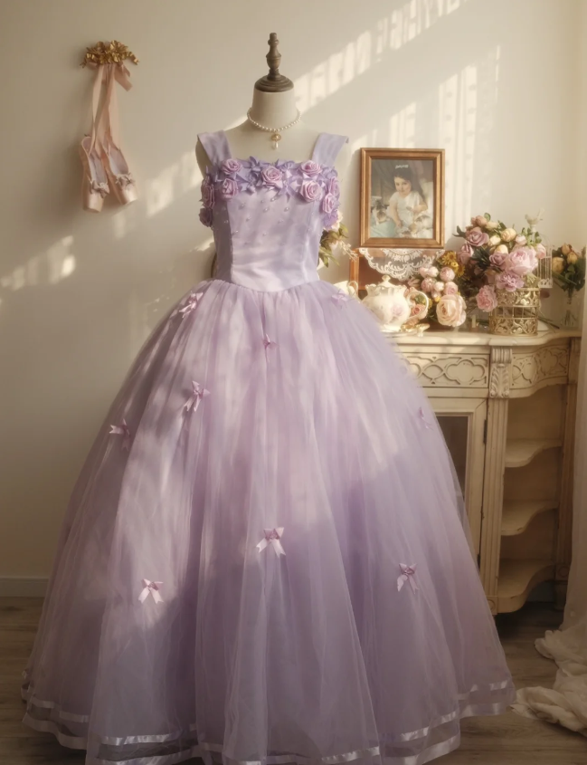 Sweet Princess Light Purple 3D Floral Square Neck Bow Tulle Ball Gown Evening Dress Sweet 16 Dress P4295