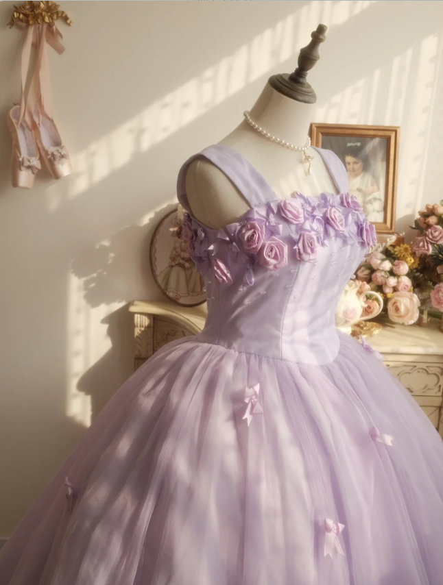 Sweet Princess Light Purple 3D Floral Square Neck Bow Tulle Ball Gown Evening Dress Sweet 16 Dress P4295