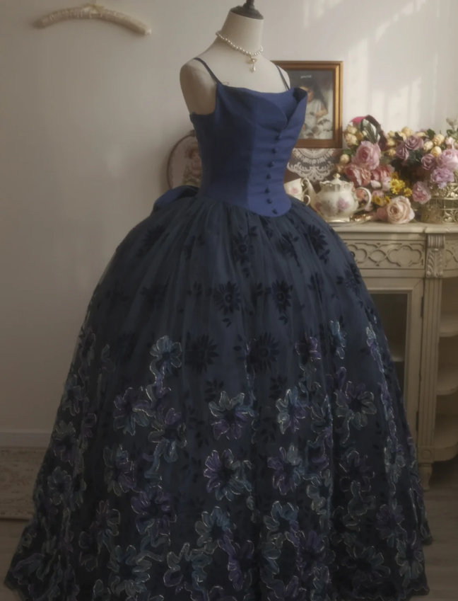 Vintage Elegant Navy Blue Bow Embroidered Train Tulle Ball Gown Evening Dress Sweet 16 Dress P4296