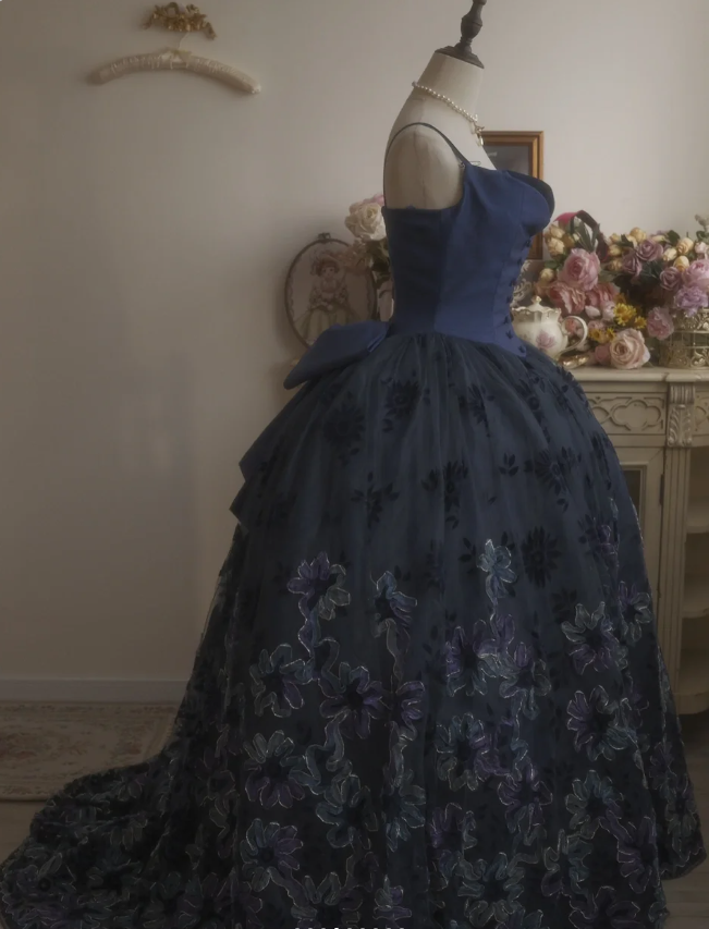 Vintage Elegant Navy Blue Bow Embroidered Train Tulle Ball Gown Evening Dress Sweet 16 Dress P4296