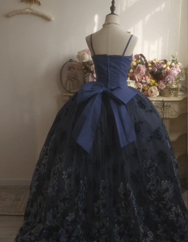 Vintage Elegant Navy Blue Bow Embroidered Train Tulle Ball Gown Evening Dress Sweet 16 Dress P4296