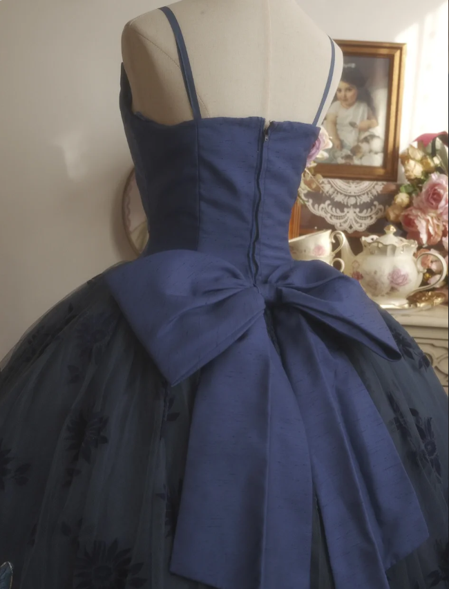 Vintage Elegant Navy Blue Bow Embroidered Train Tulle Ball Gown Evening Dress Sweet 16 Dress P4296