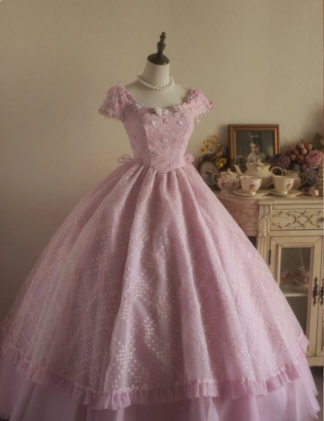 Sweet Court Light Pink Embroidered Floral Tulle Ball Gown Evening Dress Sweet 16 Dress P4297