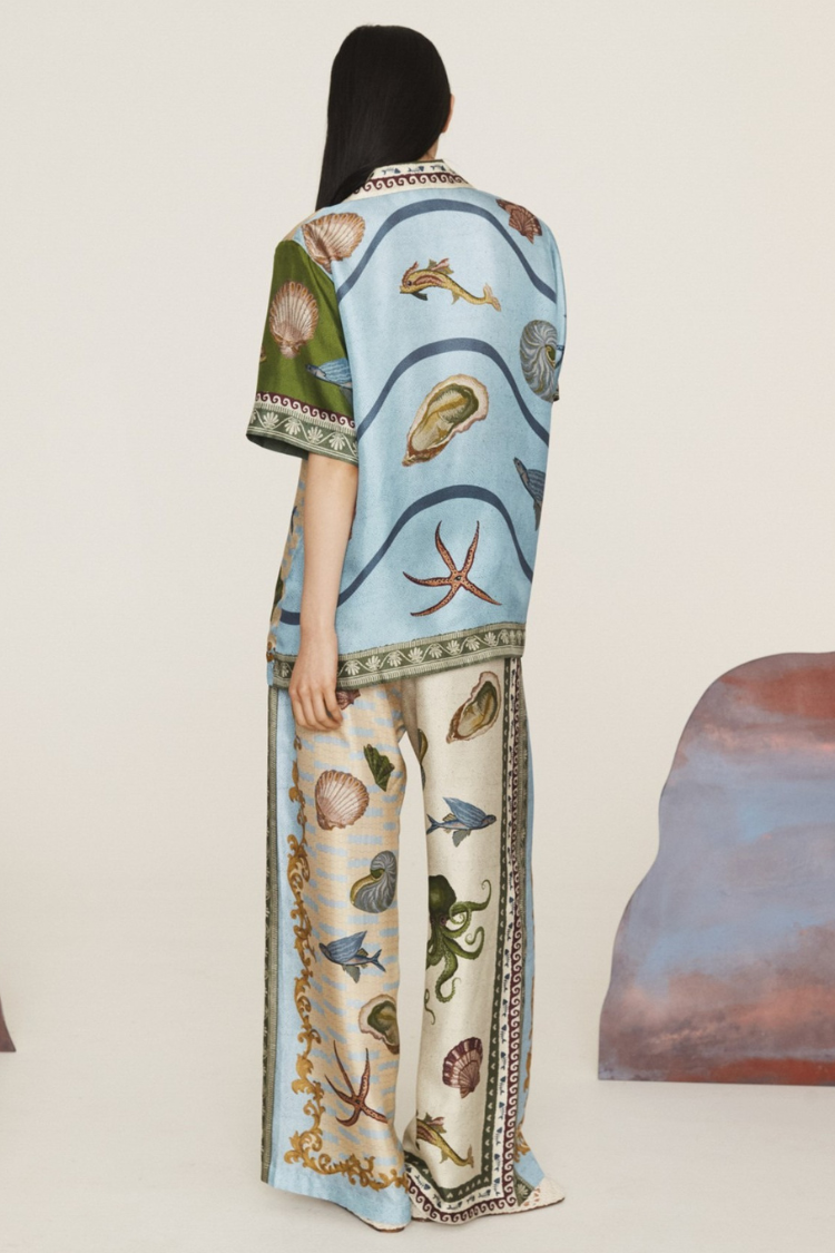 Deep Sea Dreaming Satin Unique Print Short Sleeve Shirt and Elastic Waist Pocketed Pants Set - Fashionpara