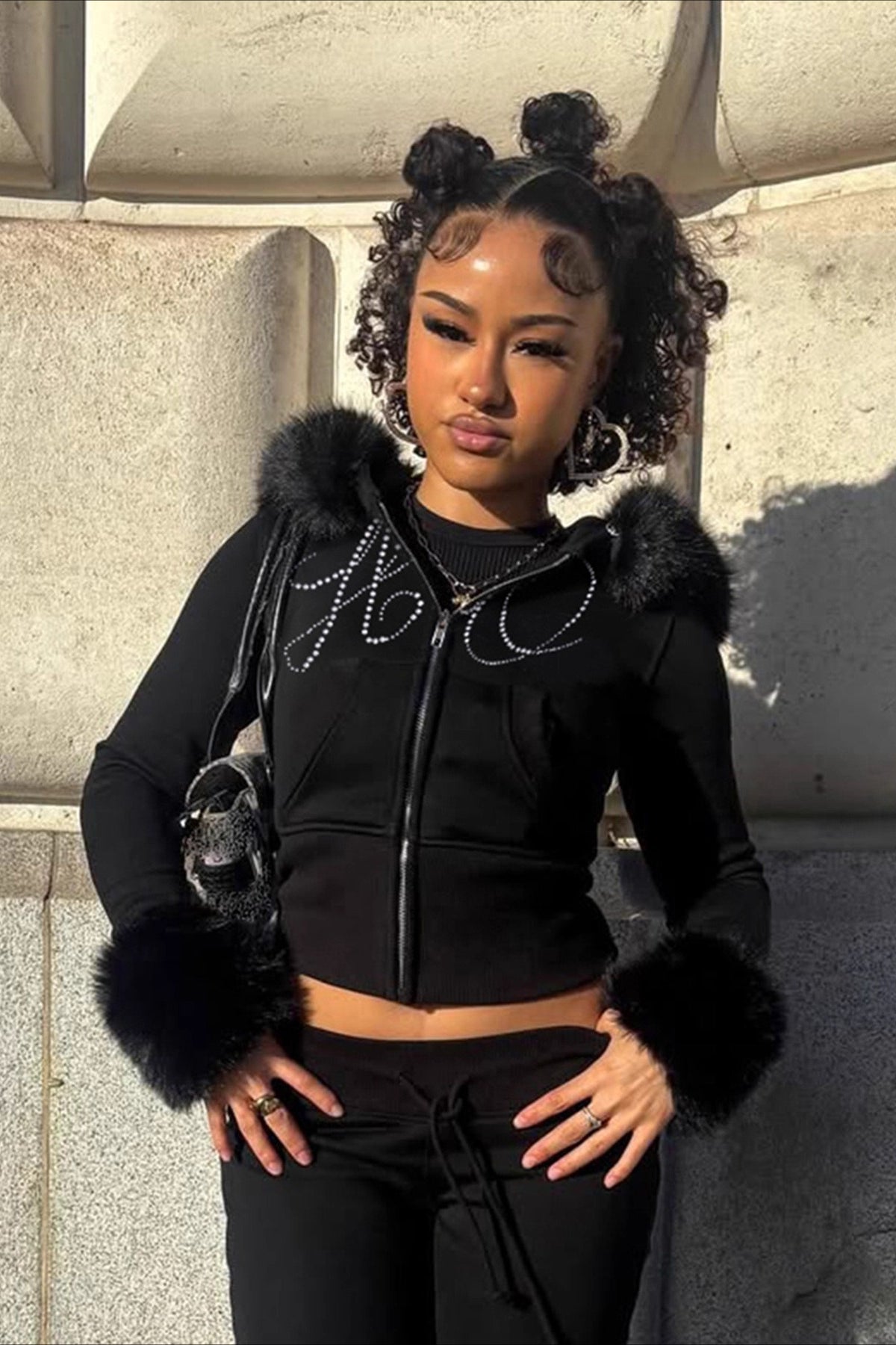 Rhinestone Letter Zip Hoodie