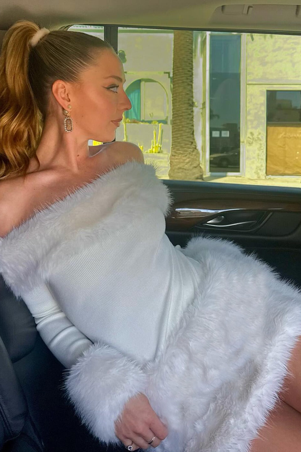 Plush Trimmed Off Shoulder Slim Knit Formal Sweater Dress - Fashionpara