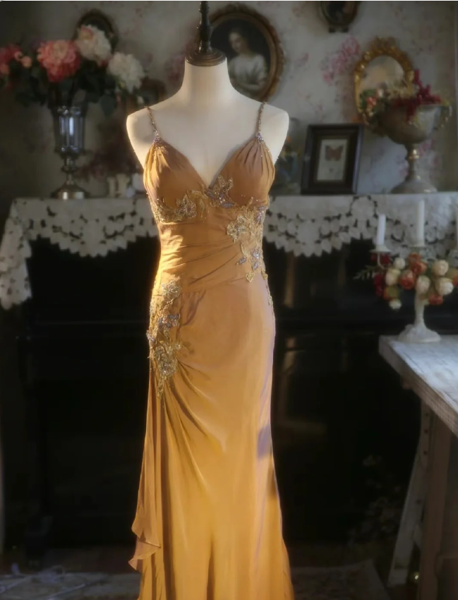 Elegant Ginger Yellow Mermaid V-neck Beaded Embroidered Satin Prom Dress Evening Dress P4299