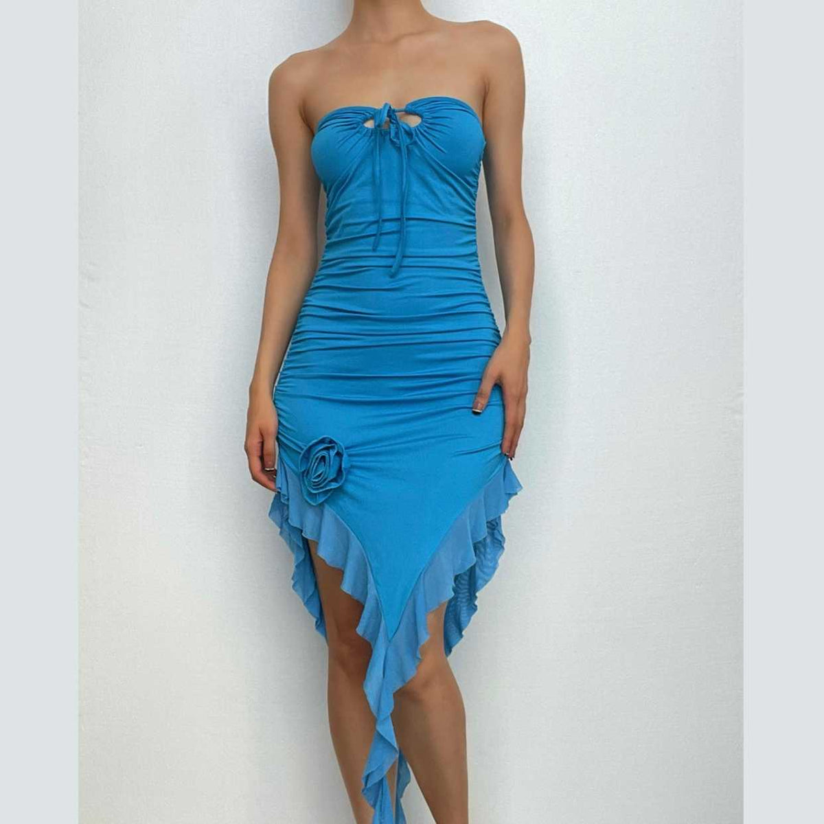 Strapless Cut Out Ruched Floral Applique High Low Midi Dress