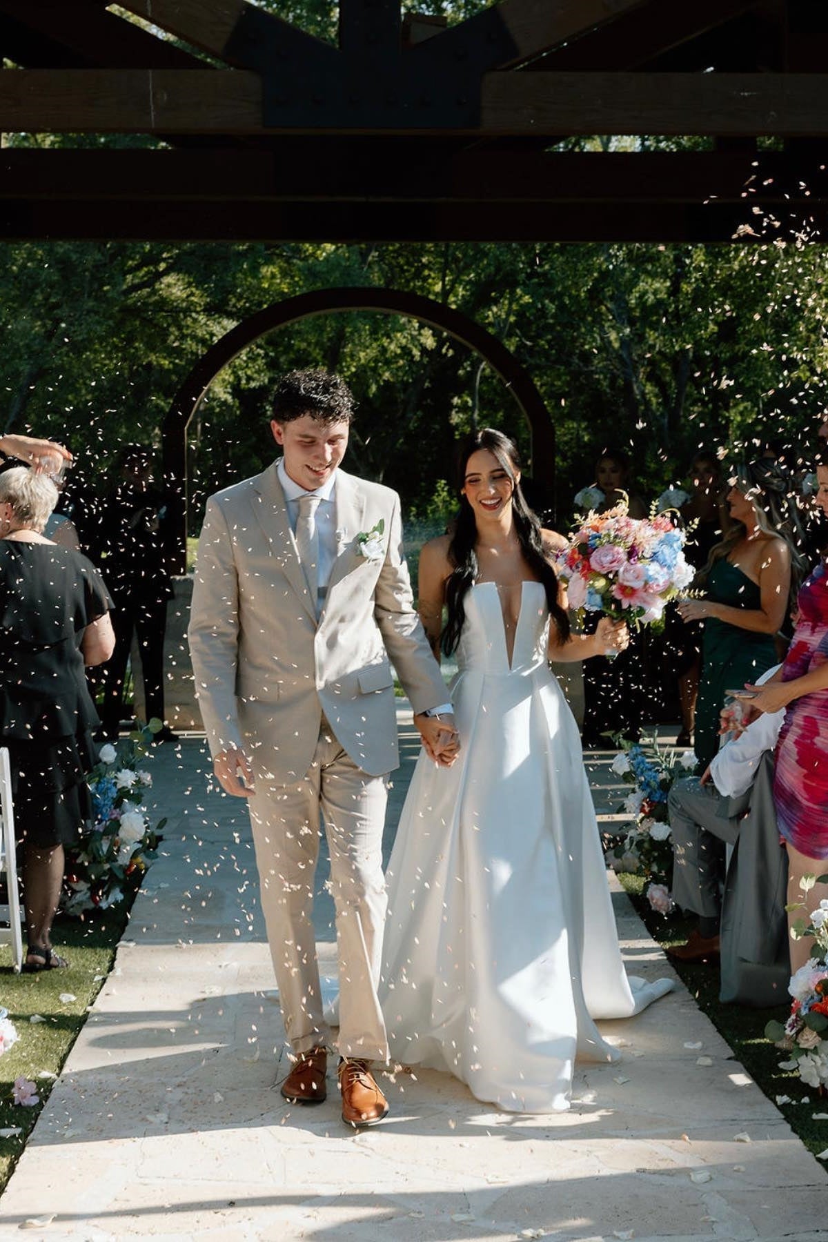 Charming A Line Deep V Neck White Satin Long Bridal Dress with Slit - Fashionpara