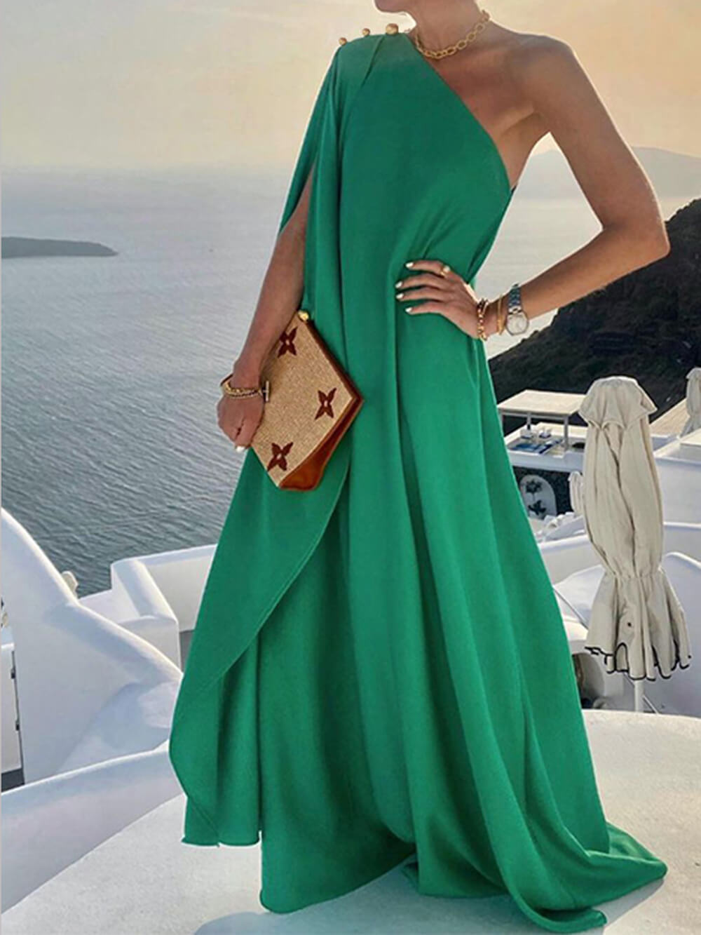 Solid Color Loose One Shoulder Maxi Dress - Fashionpara