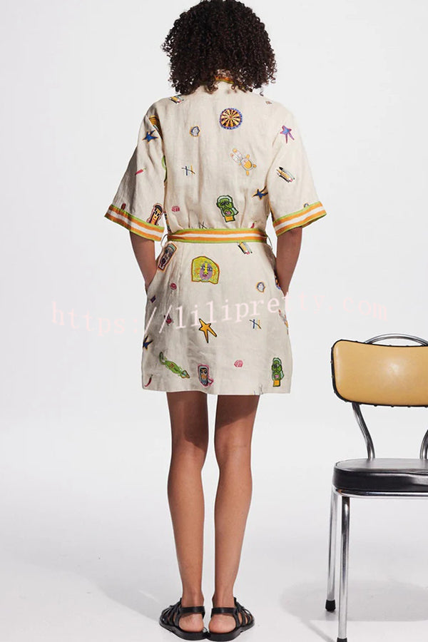 Britt Linen Blend Unique Printed Short Sleeved Pocket Tie Waist Mini Dress - Fashionpara