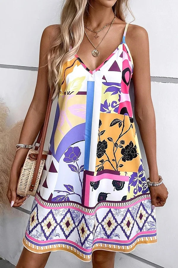 Unique Print Sexy Suspender V-Neck Loose Mini Dress - Fashionpara