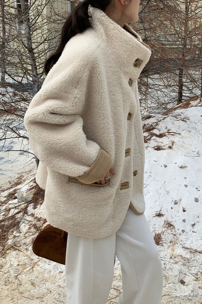 Stand Collar Faux Shearling Cropped Coat - Fashionpara