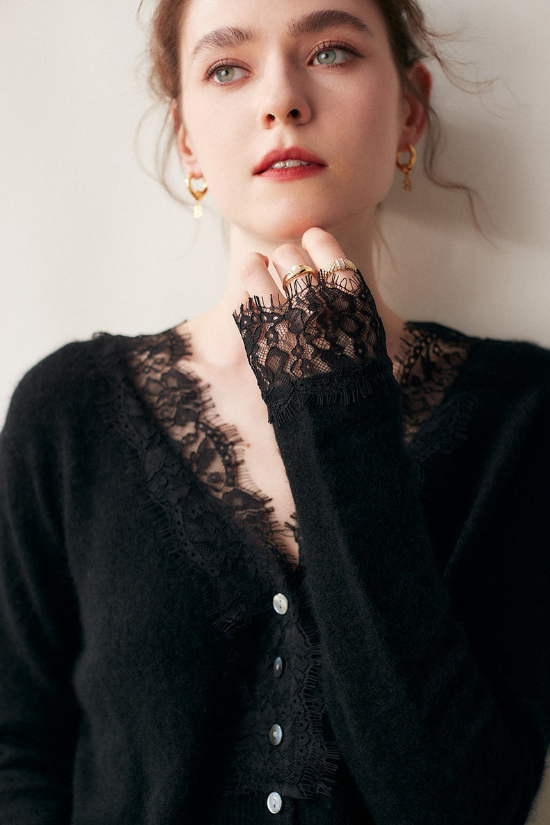 Luxe Cashmere V-Neck Cardigan with Elegant Lace Trim