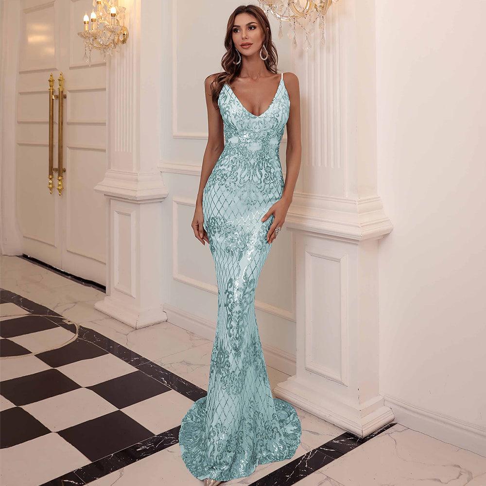 Baby Blue Backless Sequins Dress - Fashionpara