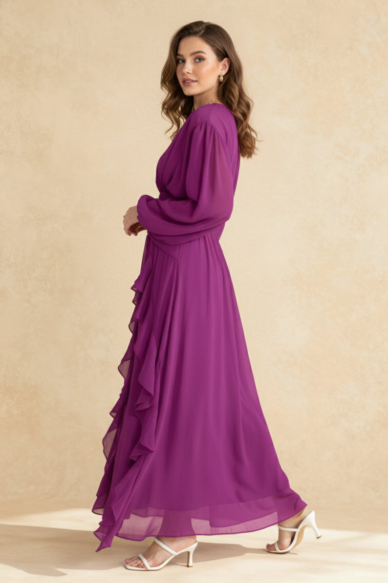 Chiffon Crew-Neck Long Sleeve Ruffle Maxi Dress