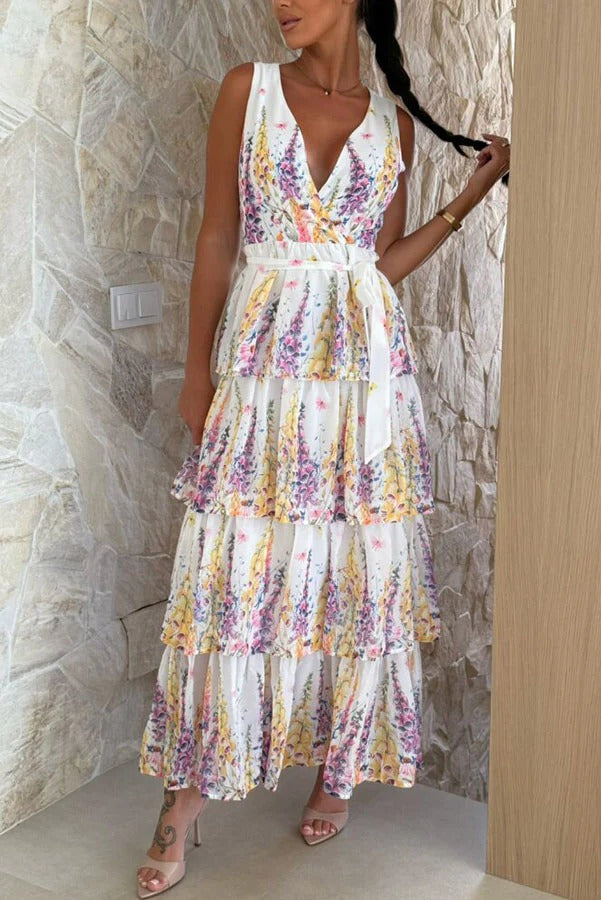 Sunny Views Lavender Print V-neck Tie-up Tiered Maxi Dress - Fashionpara