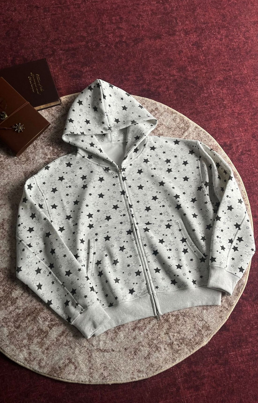 Allover Star Print Relaxed Fit Zip-Up Hoodie