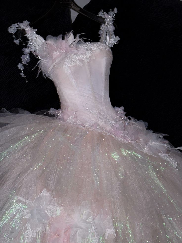 Sweet Ball Gown Spaghetti Straps Pink Tulle Applique Long Prom Dress,Formal Dress - Fashionpara