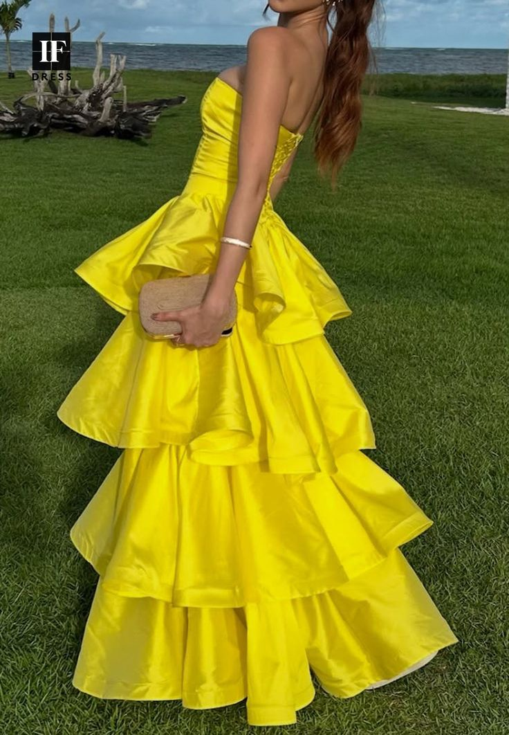 Fashion Yellow Strapless Satin Layered A Line Long Wedding Guest Dress Formal Evening Gown D1541
