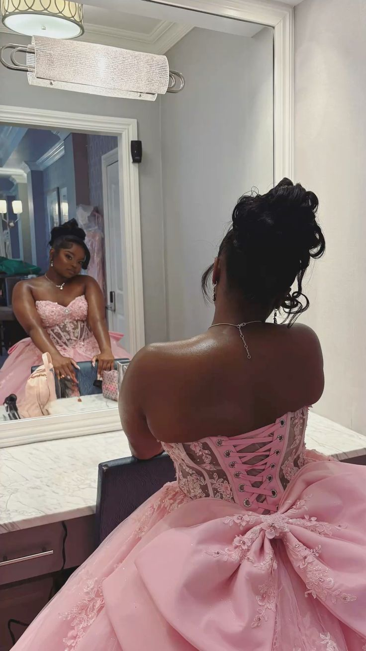 Pretty Strapless Tulle Appliques Ball Gown Pink Formal Quinceanera Dress With Bow D1761