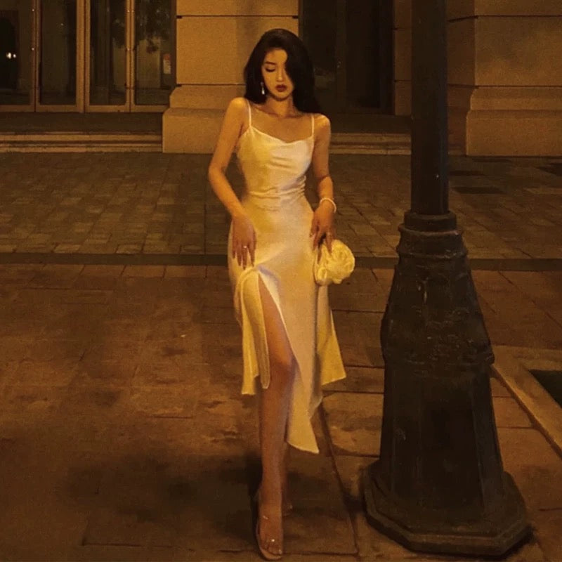 Retro A Line Spaghetti Straps Satin Party Dress Prom Dresses SD1382