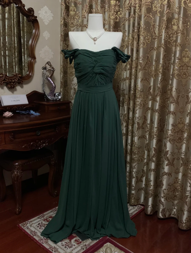 Vintage Green Off The Shoulder Satin Pleated Long Wedding Guest Dress Party Dress Prom Gown D1778