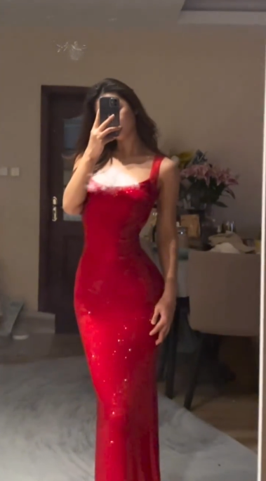 Shiny Red Spaghetti Straps Satin Sequin Mermaid Evening Dress Long Wedding Guest Dress D1709