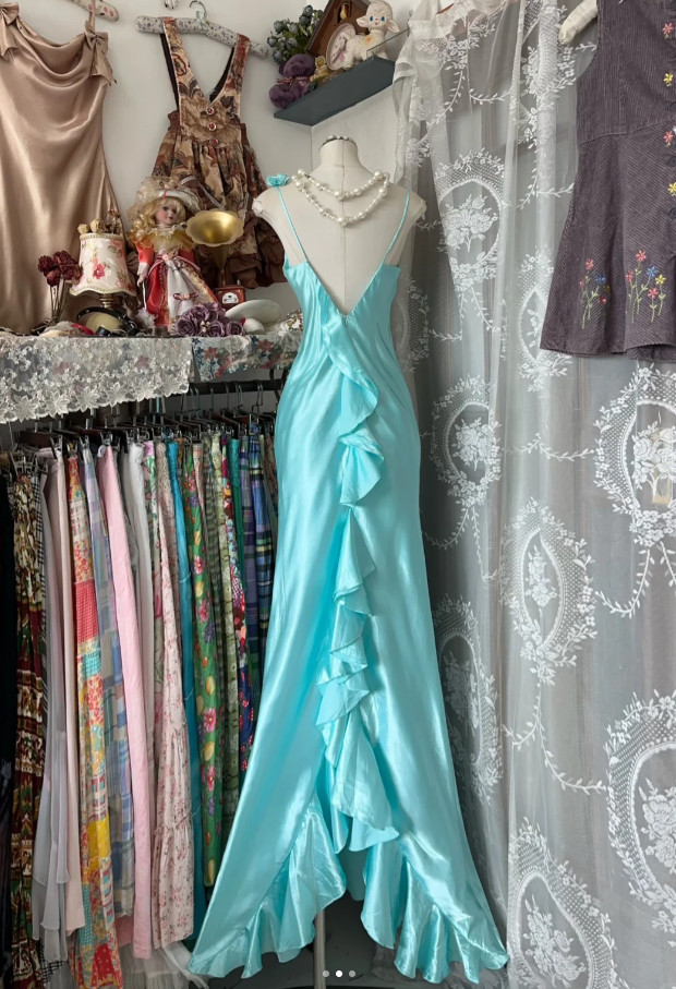 Vintage Spaghetti Strap Blue Satin Mermaid Evening Dress Prom Dress D1241