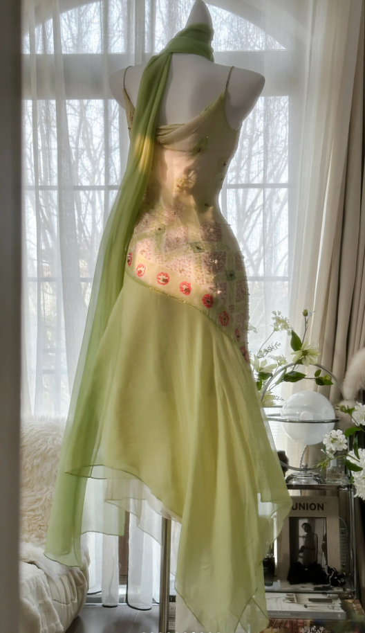 Classy Spaghetti Straps Light Green Chiffon Beaded Mermaid Long Party Dress Evening Gown D1790