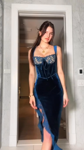 Classy Blue Velvet Lace Ruffles High Slit Long Party Dress Formal Wedding Guest Dress D1648