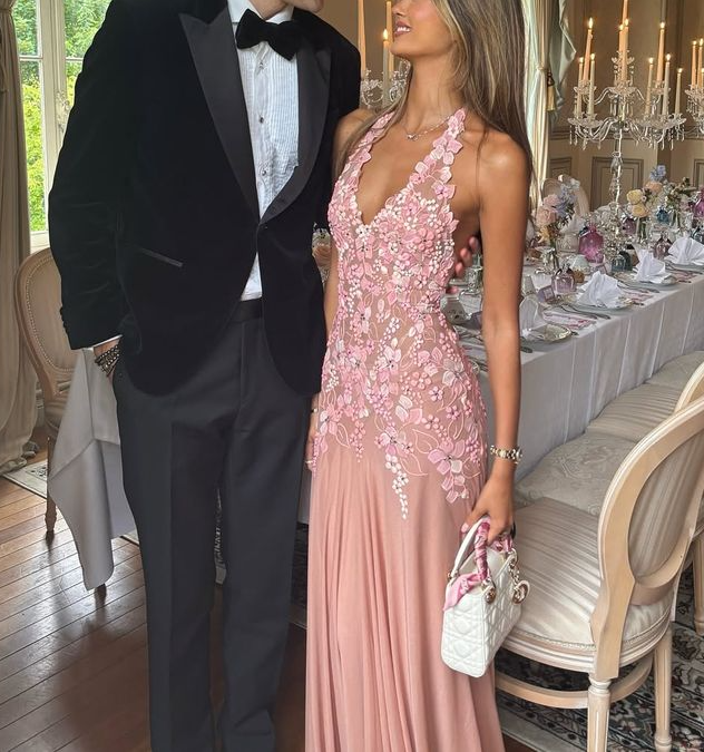 Pretty Pink Halter Chiffon Lace Appliques Mermaid Long Evening Dress Backless Birthday Party Dress D1279