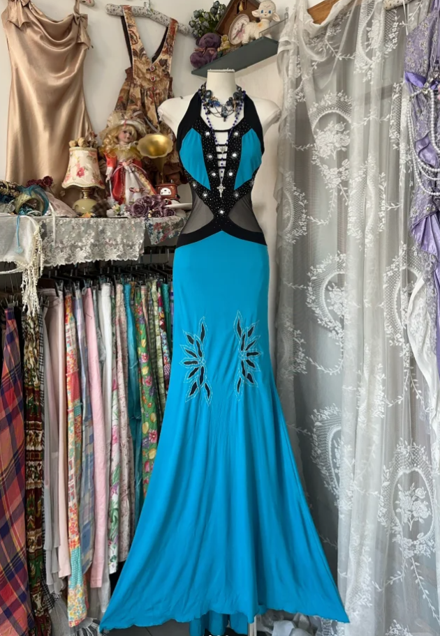 Vintage Halter Blue Satin Beaded Mermaid Prom Dress Long Evening Dress D1616