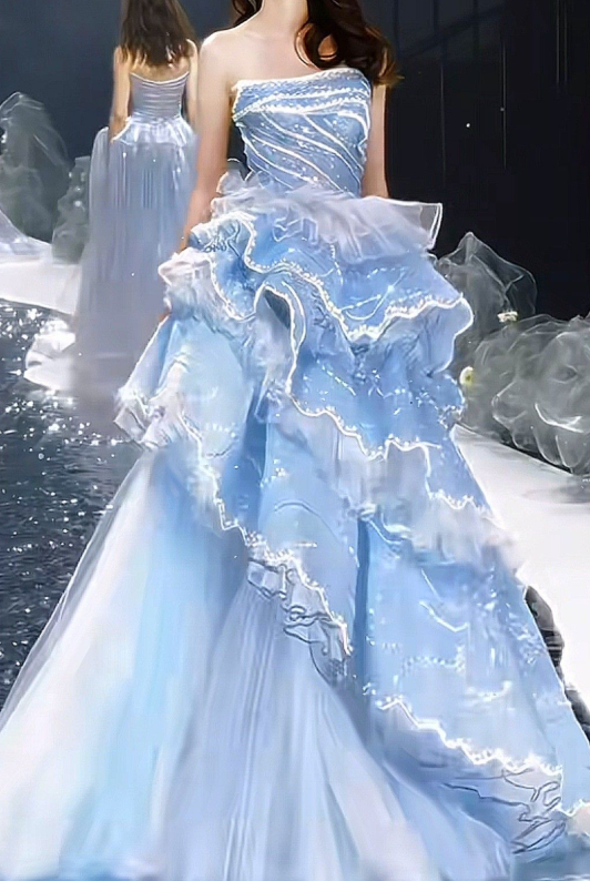 Charming Strapless Blue Tulle Beaded Layered Ball Gown Formal Birthday Party Dress D1573