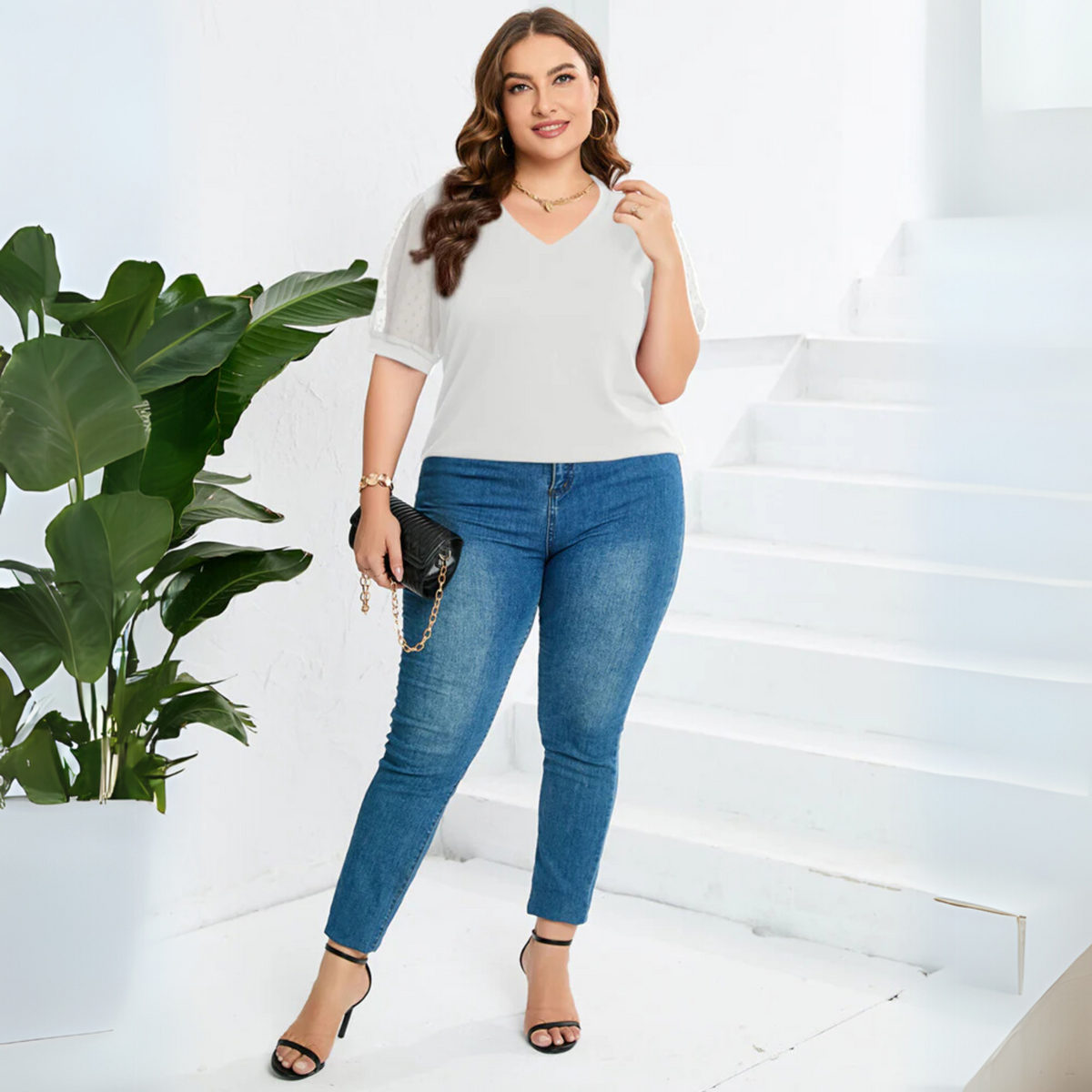 V-Neck Swiss Dot Puff Sleeve Top 2