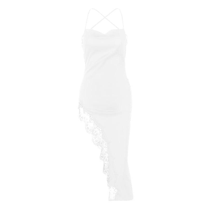 Satin Cowl Neck Spaghetti Strap Lace Trim Cross Back Midi Dress - View 8
