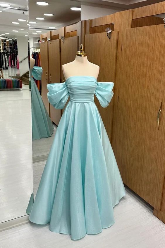A Line Off Shoulder Satin Blue Long Prom Dresses, Off The Shoulder Blue Satin Long Formal Evening Dresses - Fashionpara