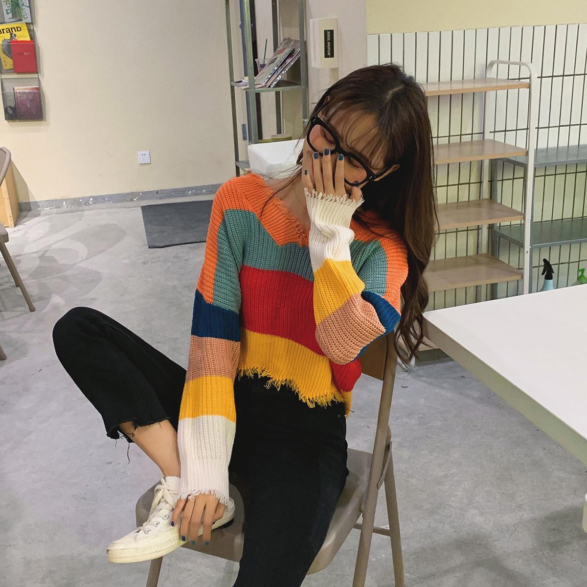 KittenAlarm - V-Neck Colorful Striped Tassel Sweater