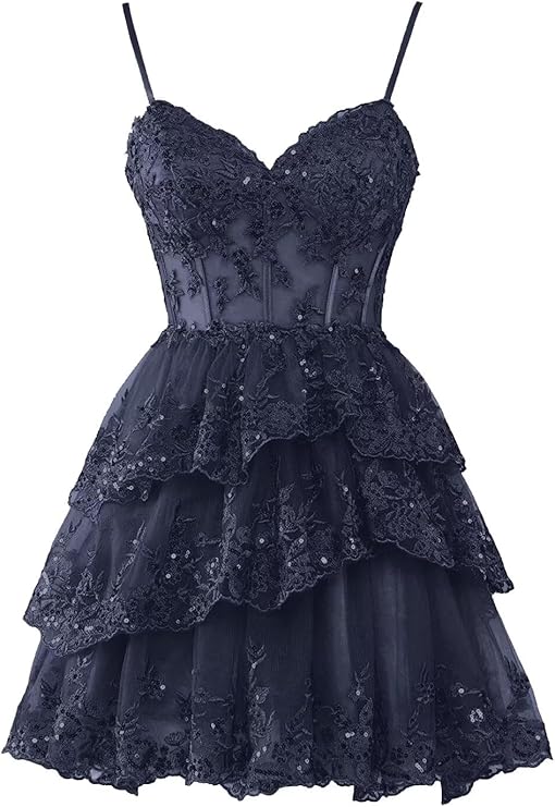 Navy Homecoming Dresses for Teens Tulle Lace Applique Tiered A-line Formal Short Mini Prom Dress - Fashionpara