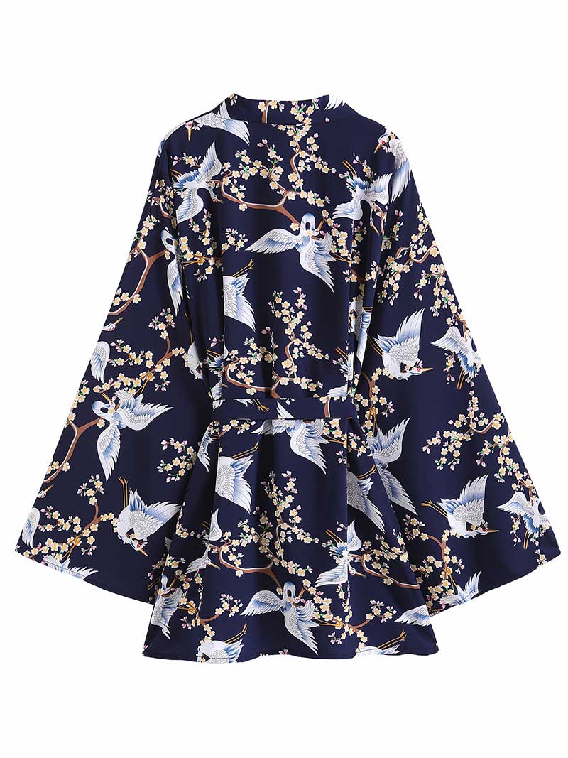 Party Wear Birds Print Dark-Blue Color Polyester Short Length Gown Robe Kimono Duster Robe