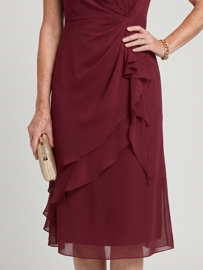 Round Neck Short Sleeve Ruched Waist Ruffle Front Midi Dress 4