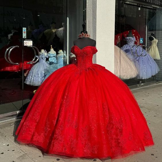 Princess Ball Gown Quinceanera Dresses Red Bow Lace Appliques Beaded Sweet 16 Dress - Fashionpara