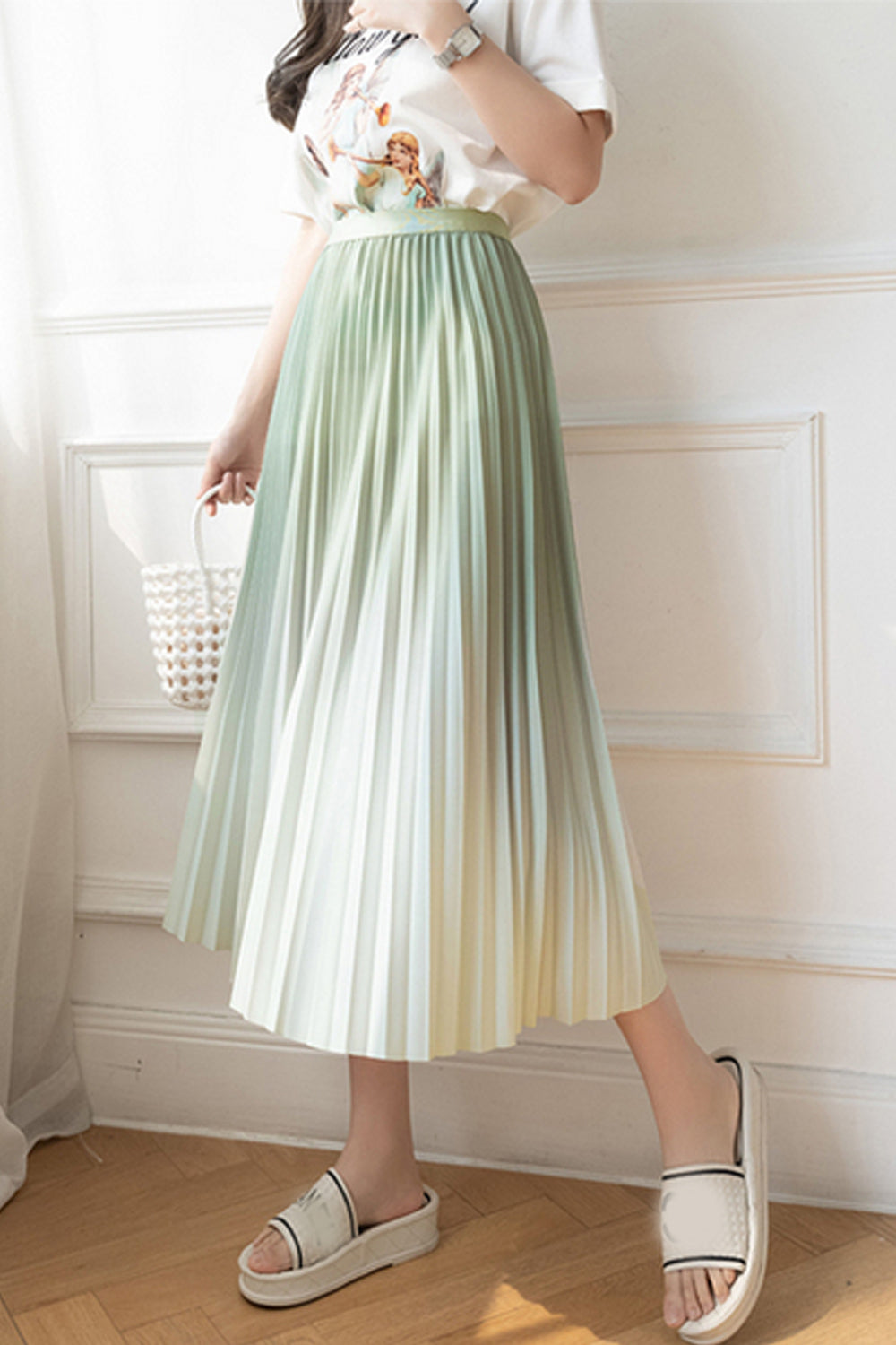 High Waist Pleated Gradient Colors Skirts - Fashionpara