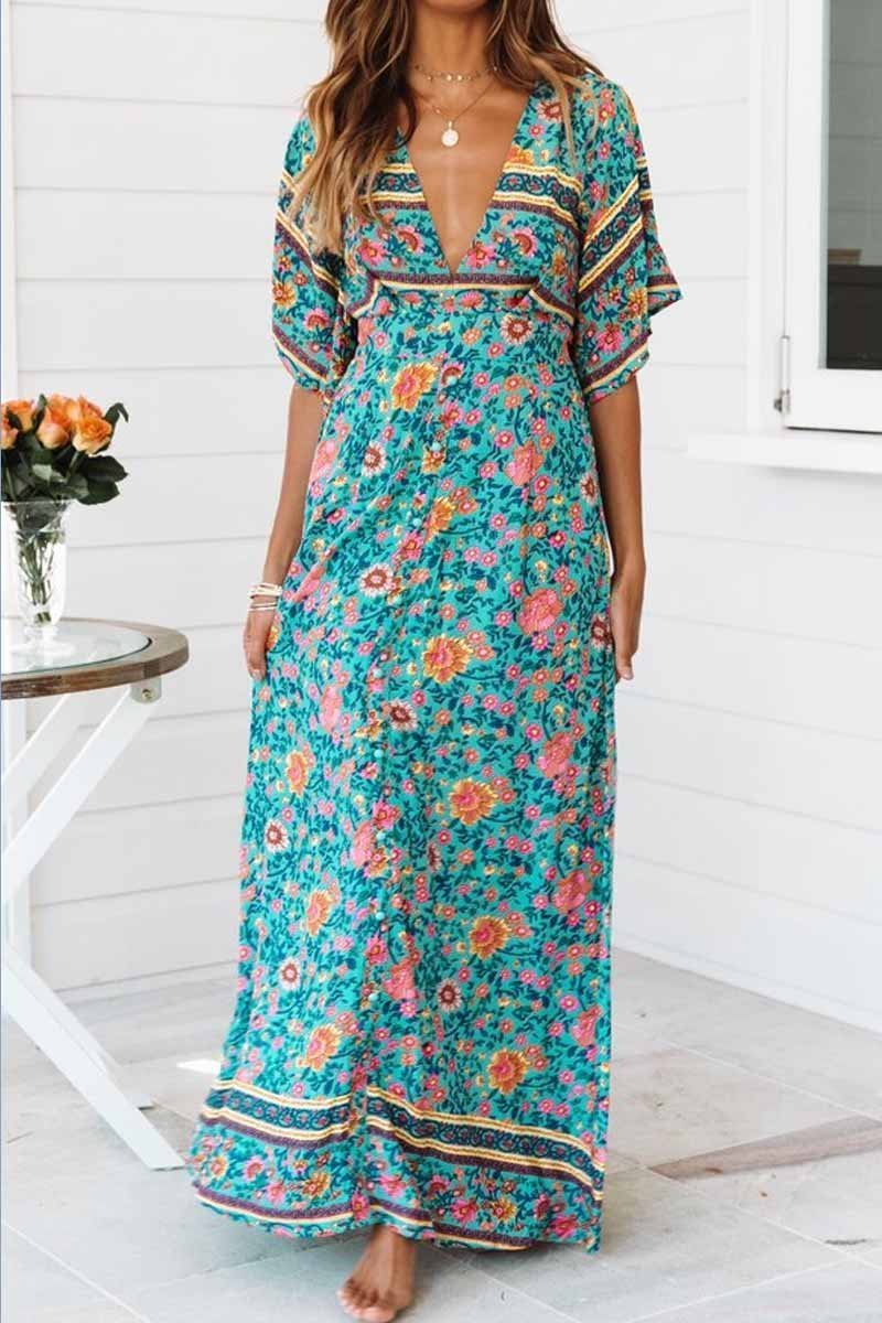 Florcoo Floral Printed Blue Ankle Length Dress