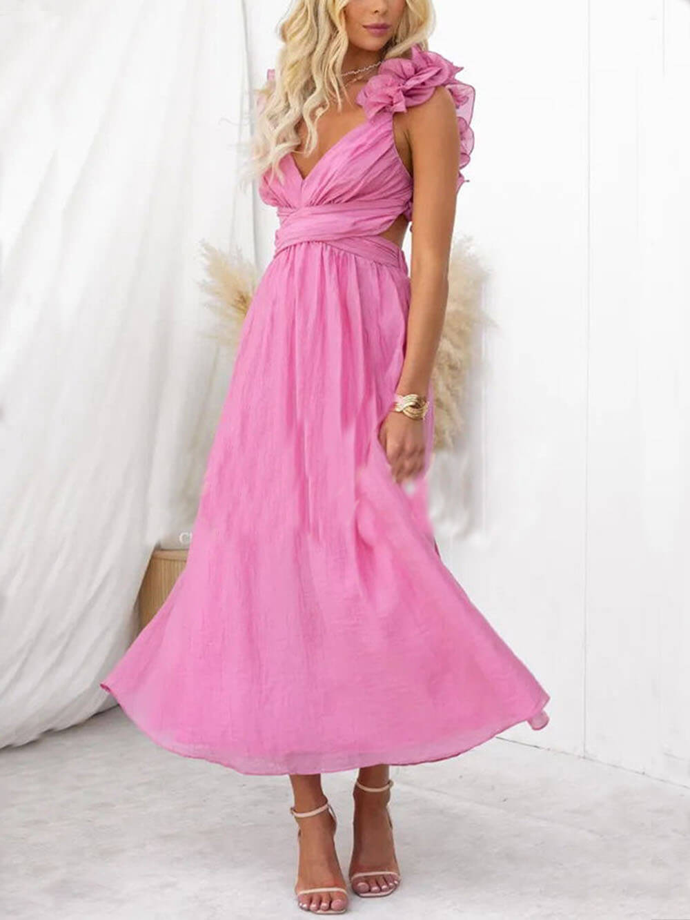 Floral Ruffle Detail Back Lace-Up Elastic Waist Maxi Dress - Fashionpara