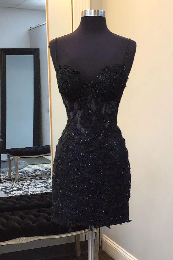 Sparkly Black Corset Lace Tight Short Homecoming Dress - Fashionpara