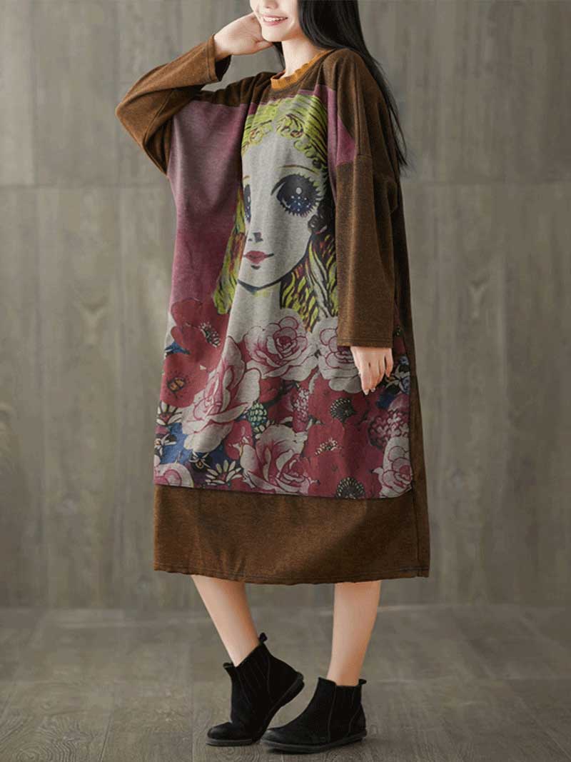 Give Me a Memory Round Neck Cartoon Sweater Midi Dress - Fashionpara