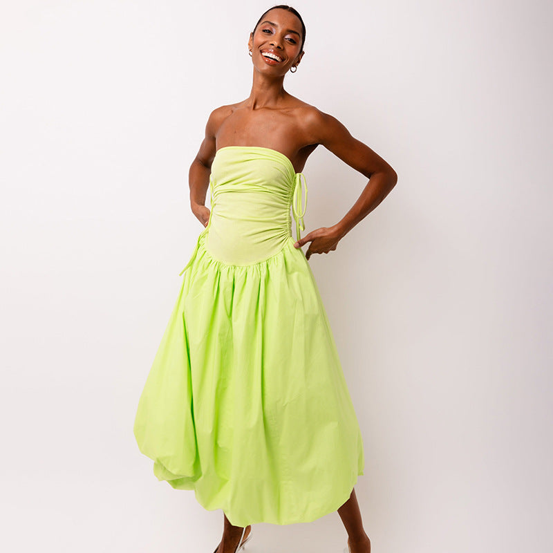 Tie-Strap Ruched Drop-Waist Bubble-Hem Midi Dress 2