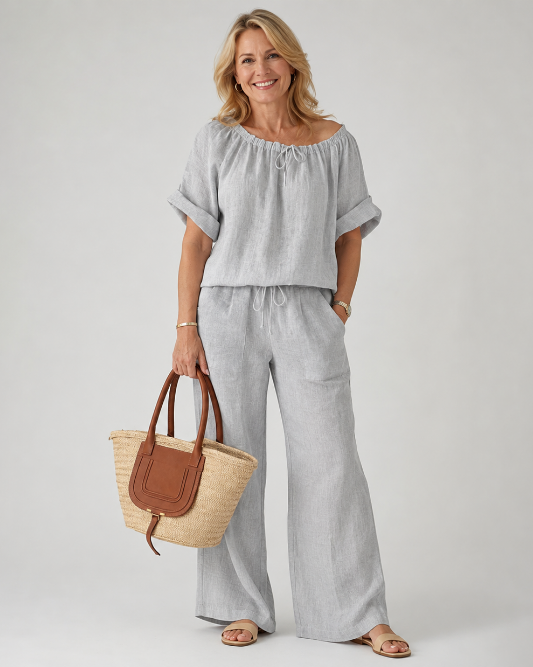 Off Shoulder Top and Wide Leg Pants Two Piece Set 5